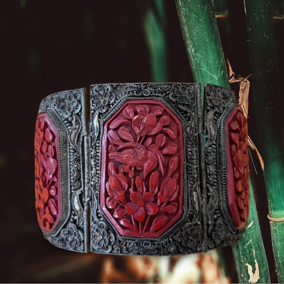 Source Unknown Jewelry - Wide Antique Chinese Export Cinnabar and Silver Filigree Bracelet